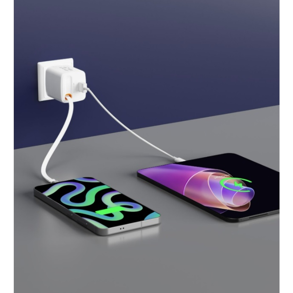 SWISSTEN sieťový adaptér SlideCHARGE GaN 45W, 1x USB-A 18W so zaťahovacím USB-C káblom 0,75m - biely