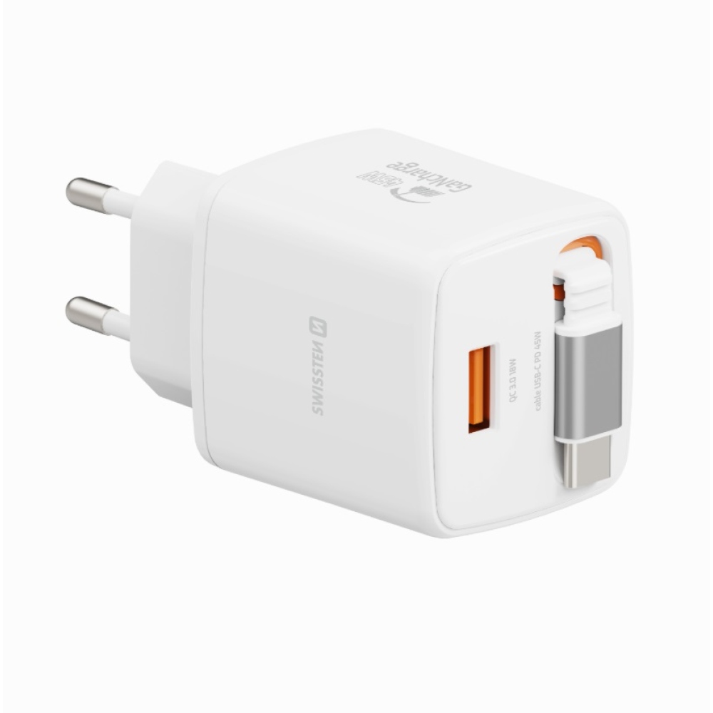 SWISSTEN sieťový adaptér SlideCHARGE GaN 45W, 1x USB-A 18W so zaťahovacím USB-C káblom 0,75m - biely