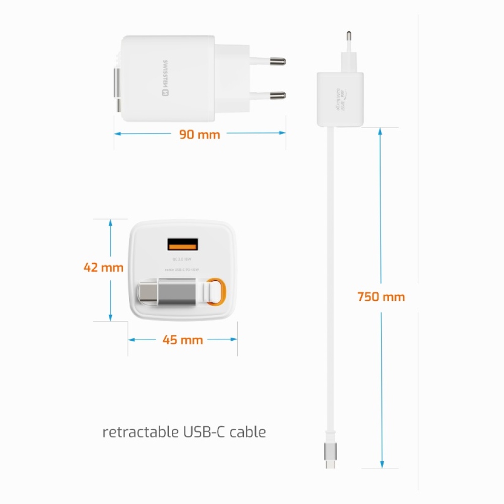 SWISSTEN sieťový adaptér SlideCHARGE GaN 45W, 1x USB-A 18W so zaťahovacím USB-C káblom 0,75m - biely