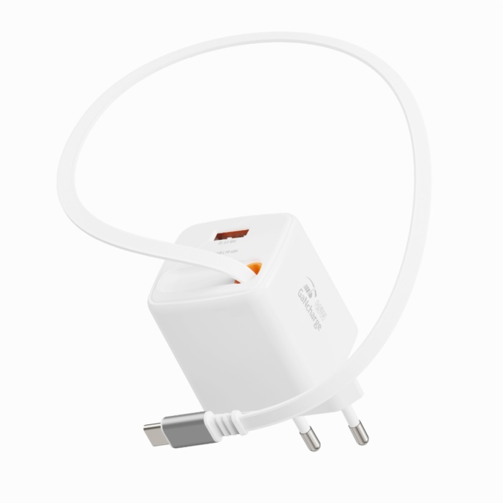 SWISSTEN sieťový adaptér SlideCHARGE GaN 45W, 1x USB-A 18W so zaťahovacím USB-C káblom 0,75m - biely