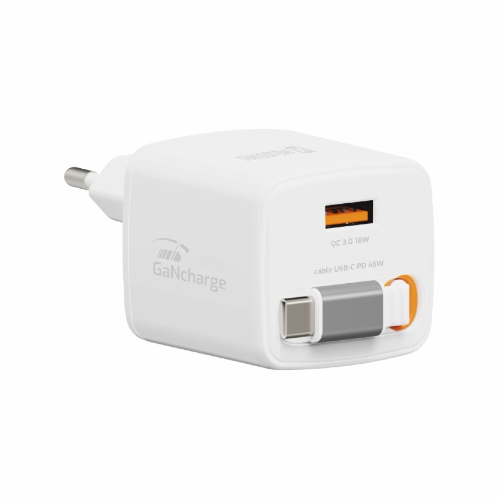 SWISSTEN sieťový adaptér SlideCHARGE GaN 45W, 1x USB-A 18W so zaťahovacím USB-C káblom 0,75m - biely