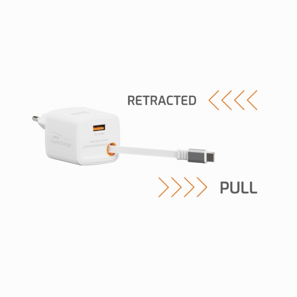 SWISSTEN sieťový adaptér SlideCHARGE GaN 45W, 1x USB-A 18W so zaťahovacím USB-C káblom 0,75m - biely