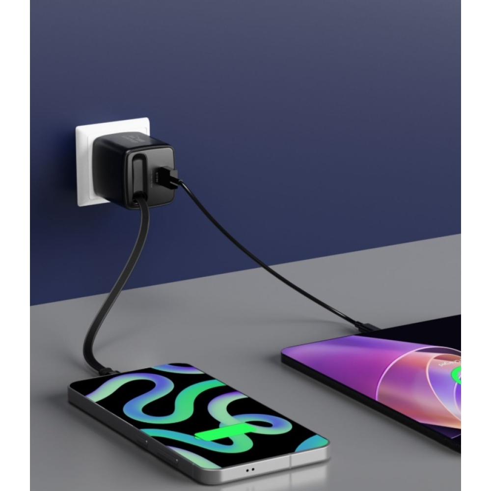 SWISSTEN sieťový adaptér SlideCHARGE GaN 45W, 1x USB-A 18W so zaťahovacím USB-C káblom 0,75m - čierny