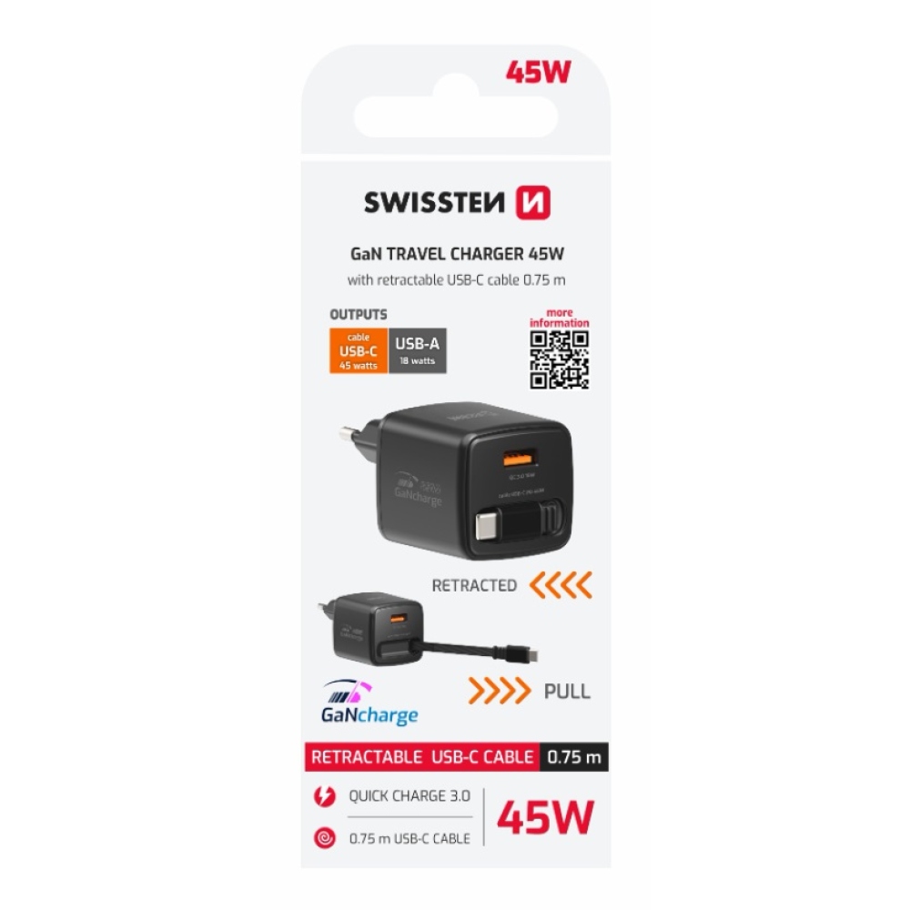 SWISSTEN sieťový adaptér SlideCHARGE GaN 45W, 1x USB-A 18W so zaťahovacím USB-C káblom 0,75m - čierny