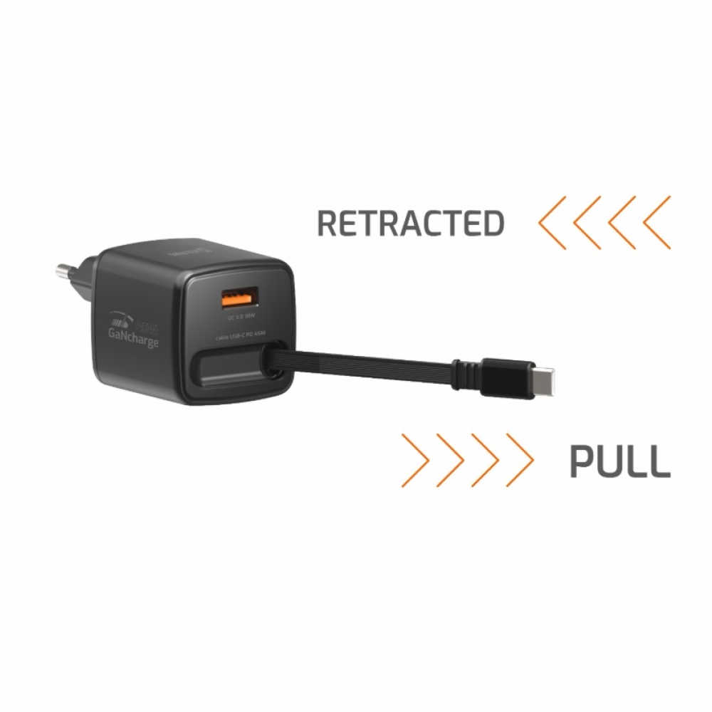 SWISSTEN sieťový adaptér SlideCHARGE GaN 45W, 1x USB-A 18W so zaťahovacím USB-C káblom 0,75m - čierny