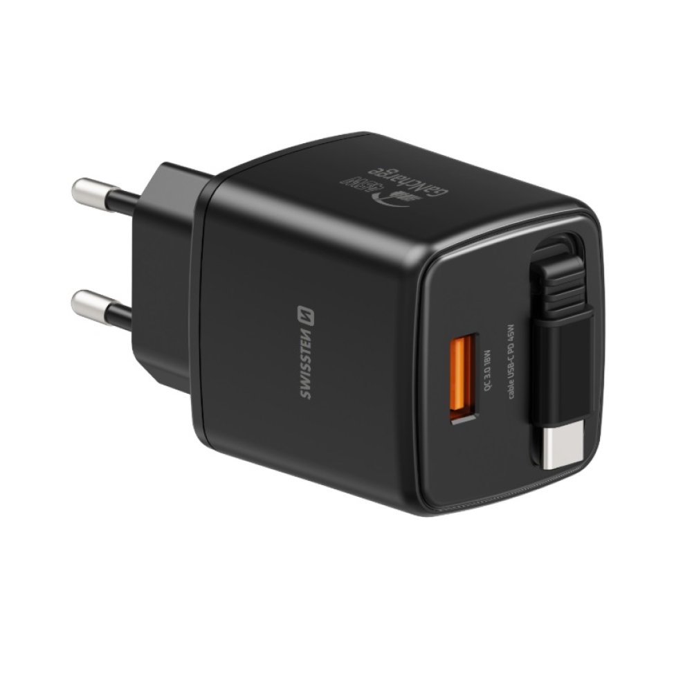 SWISSTEN sieťový adaptér SlideCHARGE GaN 45W, 1x USB-A 18W so zaťahovacím USB-C káblom 0,75m - čierny
