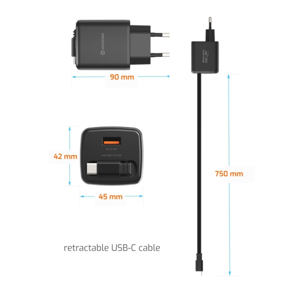 SWISSTEN sieťový adaptér SlideCHARGE GaN 45W, 1x USB-A 18W so zaťahovacím USB-C káblom 0,75m - čierny