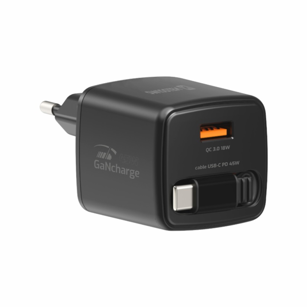 SWISSTEN sieťový adaptér SlideCHARGE GaN 45W, 1x USB-A 18W so zaťahovacím USB-C káblom 0,75m - čierny