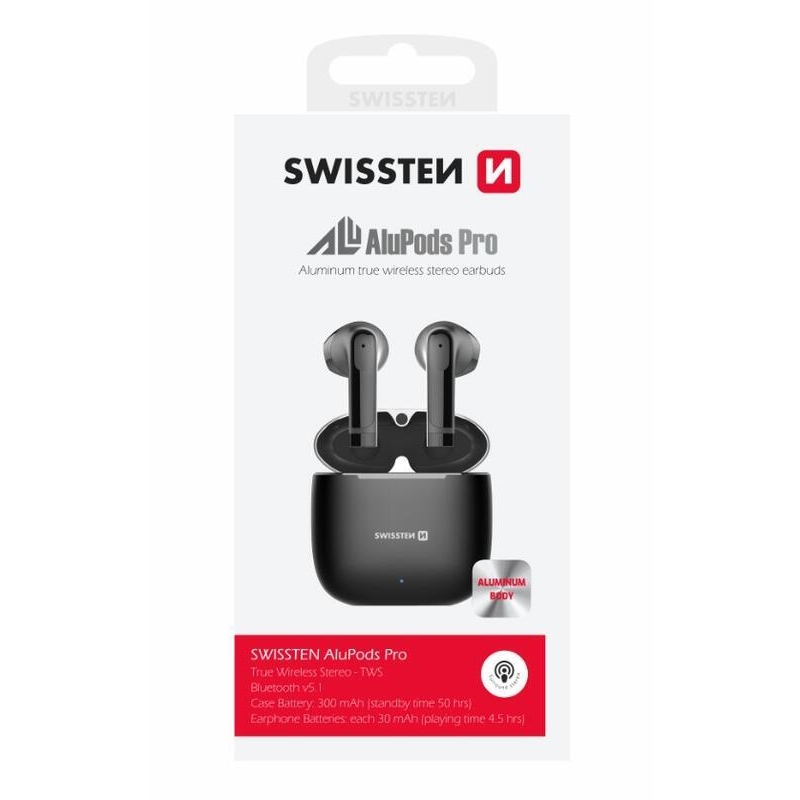 Swissten TWS ALUPODS PRE Bluetooth slúchadlá - čierna