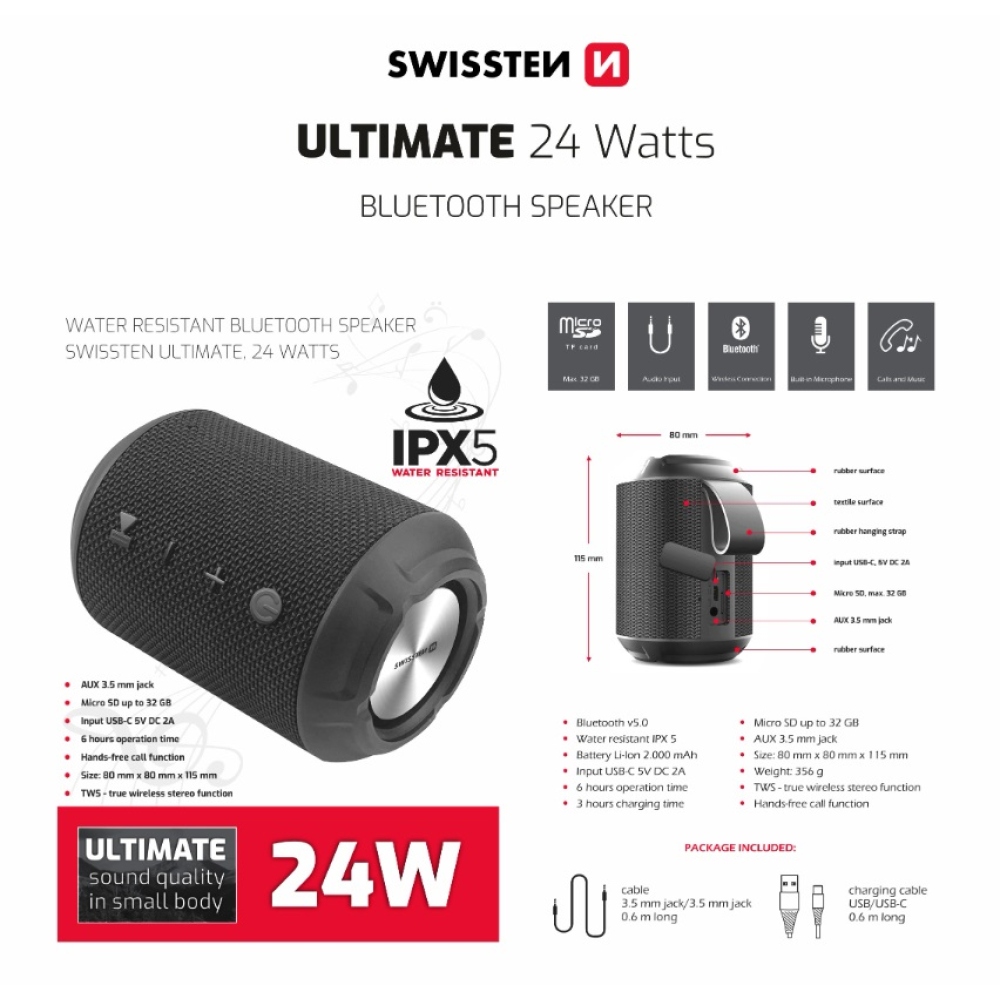 SWISSTEN Ultimate Bluetooth reproduktor, 24W - čierny