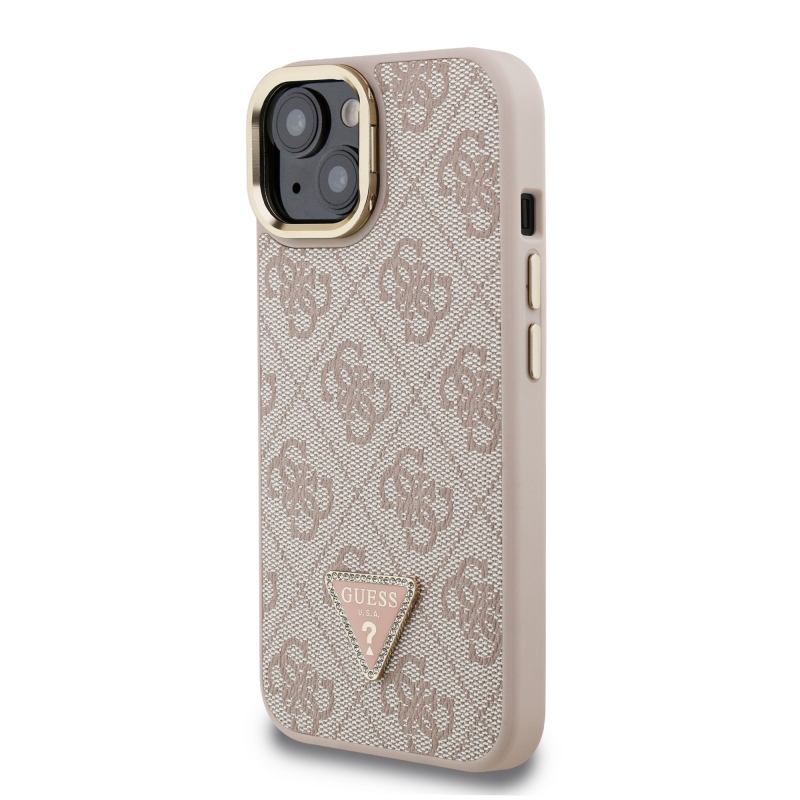 Guess PU 4G Strass Triangle Logo Stand Camera Frame MagSafe Zadný Kryt pre iPhone 15 Pink