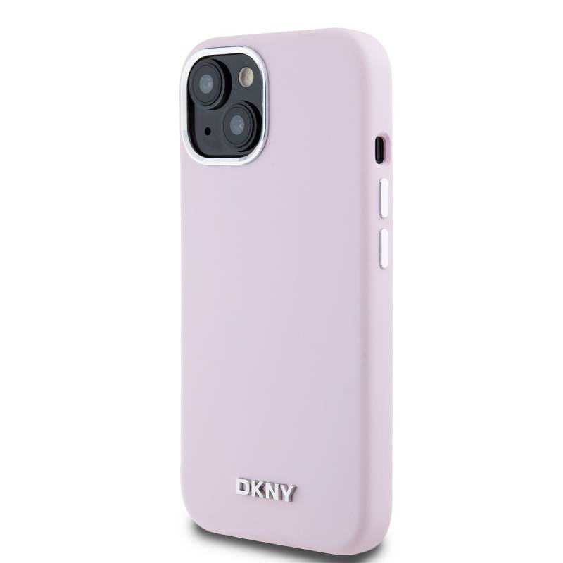 DKNY Liquid Silicone Silver Metal Logo Magsafe Zadný Kryt pre iPhone 15 Pink