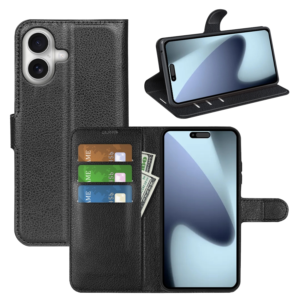 Litchi knižkové púzdro na iPhone 17 - čierne