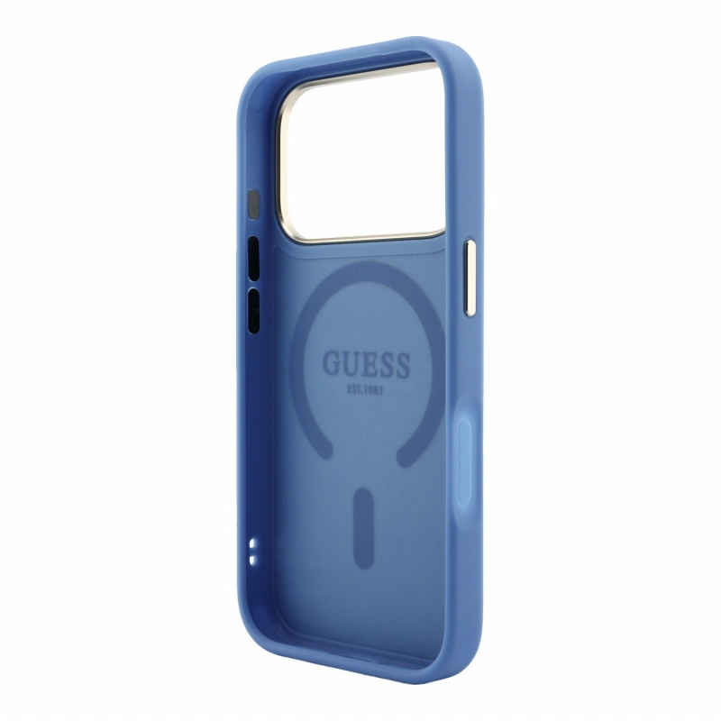Guess PU koža 4G so zlatým rámom a reliéfom, zadný kryt MagSafe pre iPhone 18 Pro, modrý