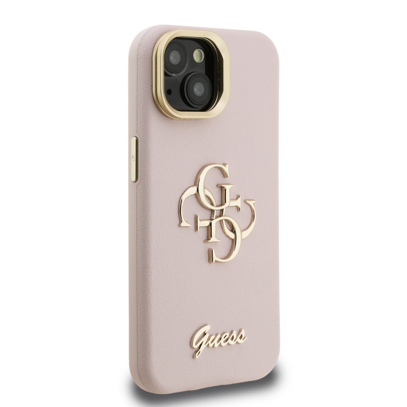 Guess PU Grained 4G Logo Stand Camera Frame Zadný Kryt pre iPhone 14 Pink