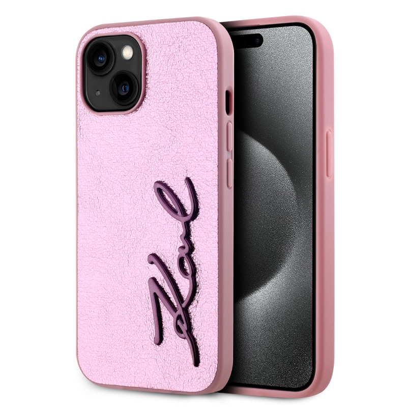 Karl Lagerfeld Wrinkled PU Signature Logo Zadný Kryt pre iPhone 15 Pink