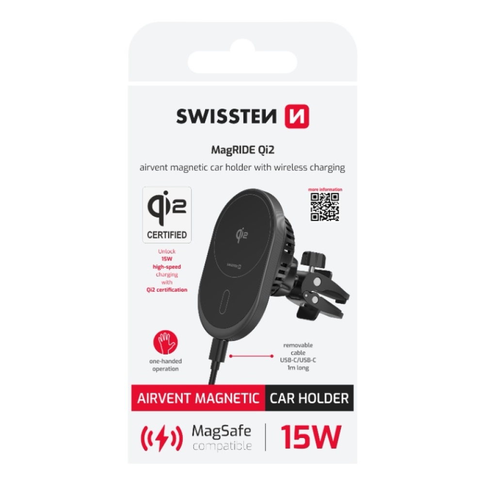 Swissten magnetický držiak do ventilácie Magride s bezdrôtovým nabíjaním QI2 15W (kompatibilný s magsafe)