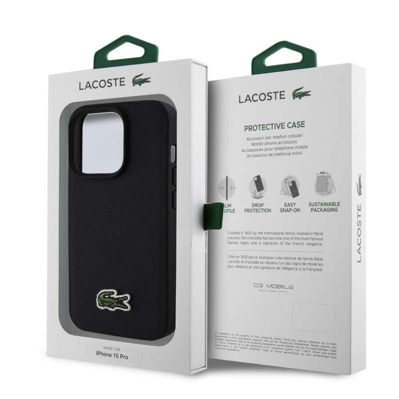 Lacoste Iconic Petit Pique Woven Logo Magsafe Zadný Kryt pre iPhone 15 Pro Black