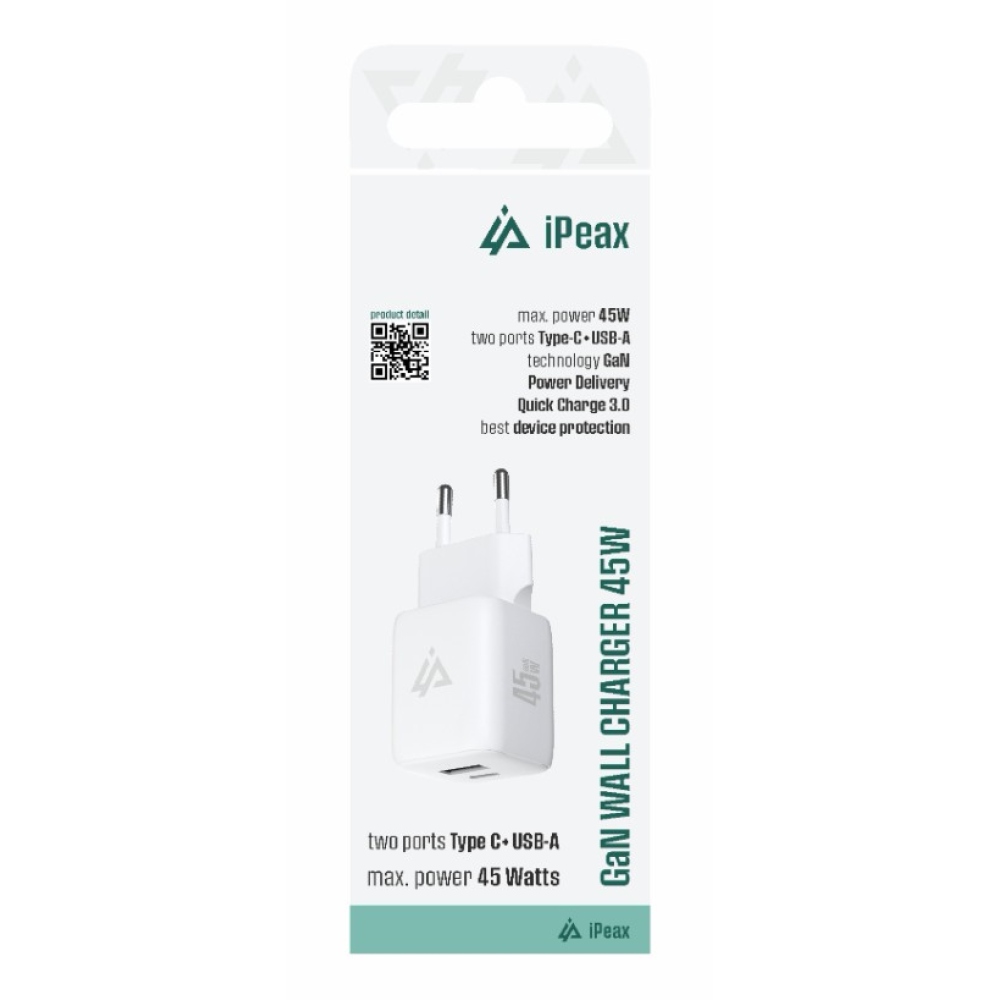 iPEAX GaN Sieťová nabíjačka 45 W, 1x USB-C a 1x USB-A - biela