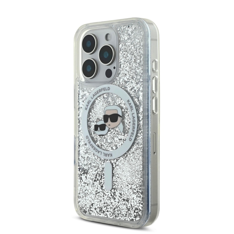 Karl Lagerfeld Liquid Glitter Karl and Choupette Heads MagSafe Zadný Kryt pre iPhone 16 Pro Transparent