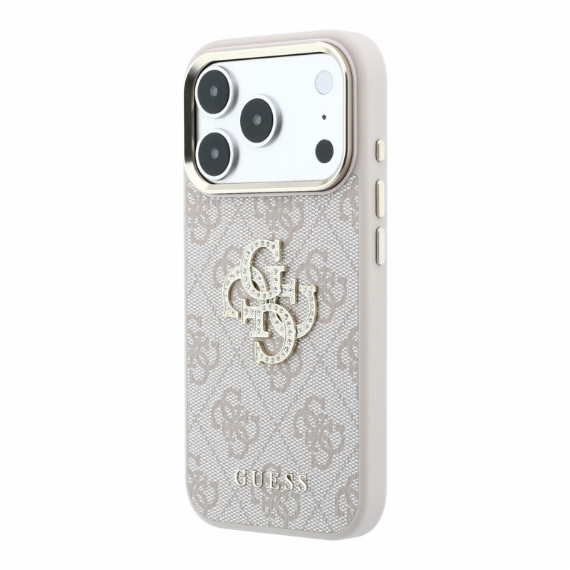 Guess PU 4G Strass Metal Logo Zadný kryt pre iPhone 18 Pro ružový