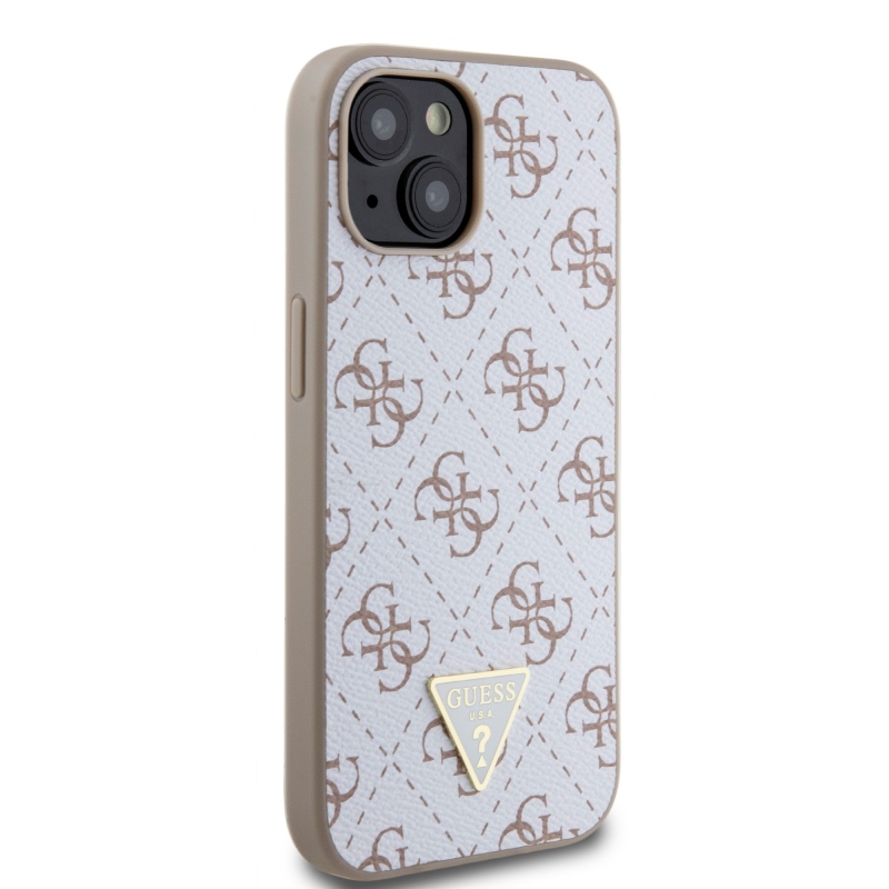 Guess PU Leather 4G Triangle Metal Logo Zadný Kryt pre iPhone 15 White