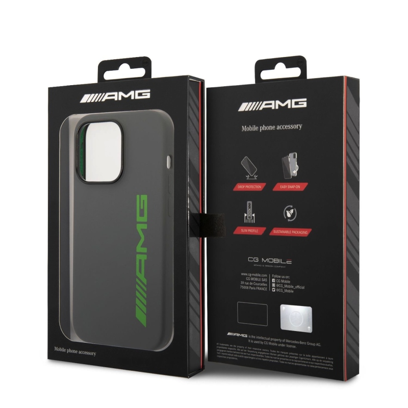 AMG Liquid Silicone Green Logo Zadný Kryt pre iPhone 14 Pro Max Grey