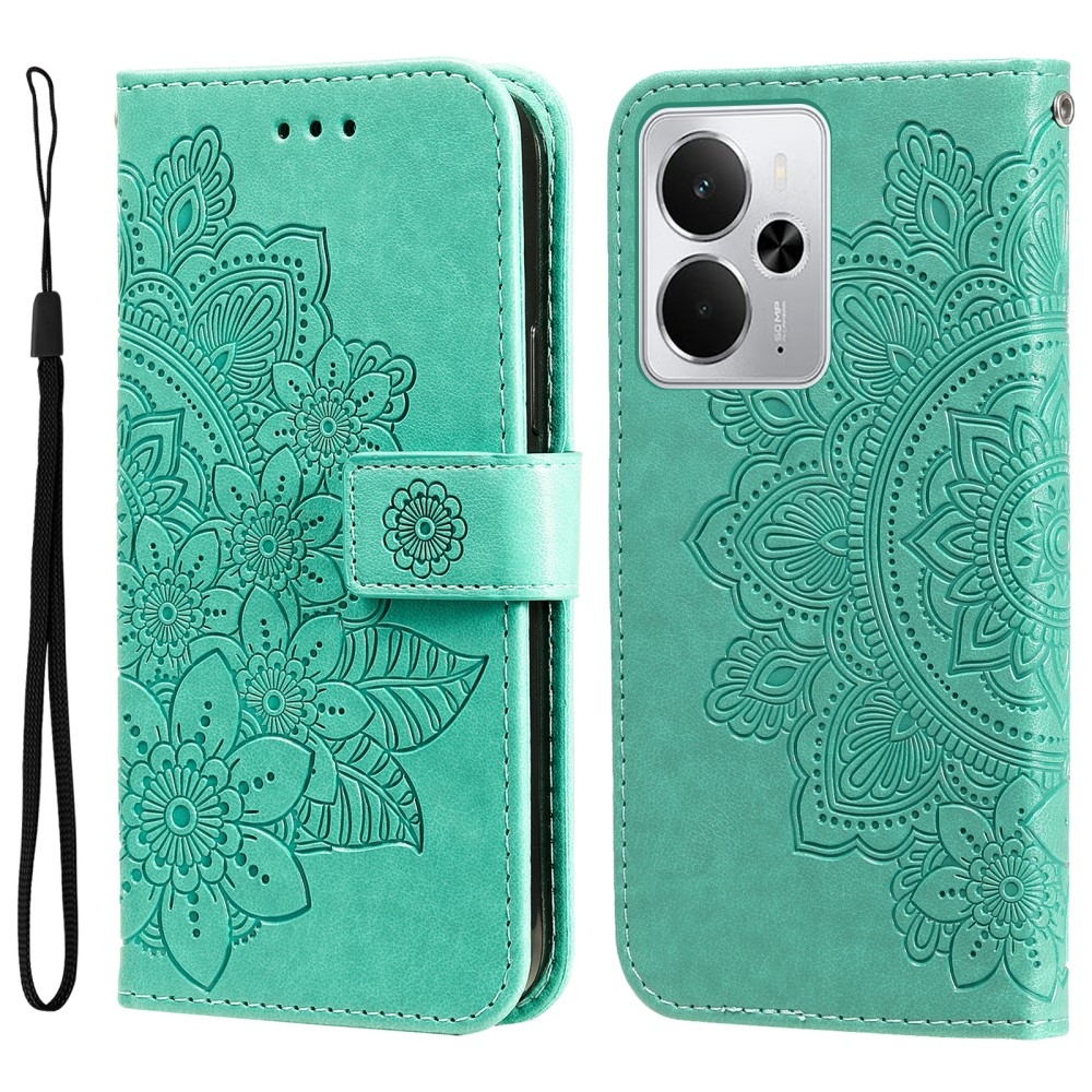Floral knižkové puzdro na Realme 14 5G - modrozelené