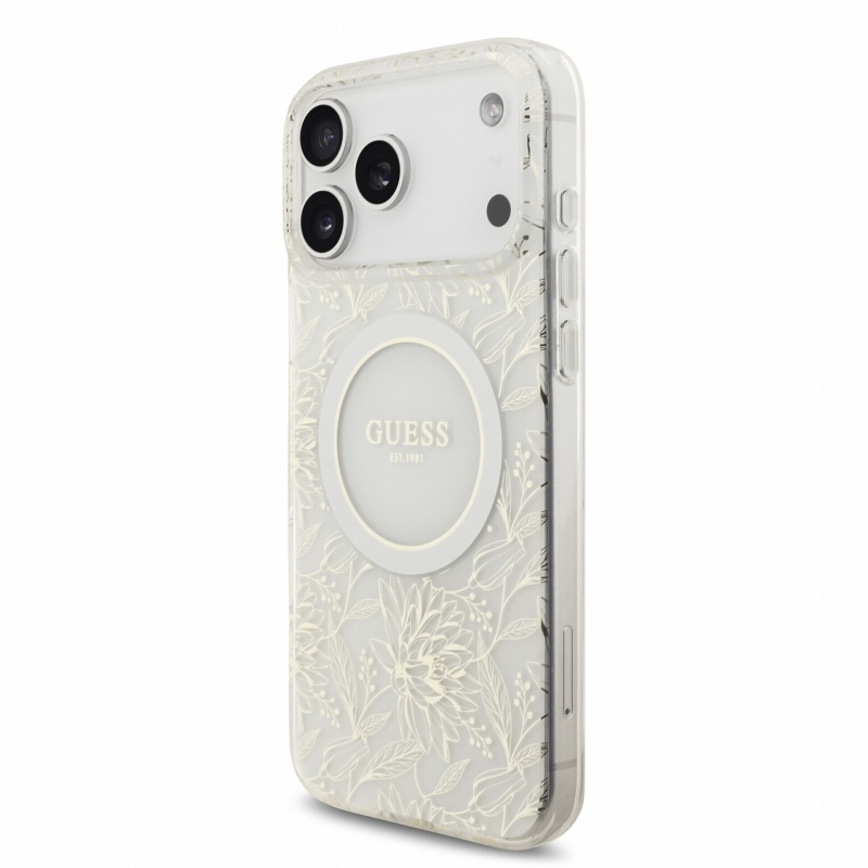 Guess IML Flowers Allover Strap MagSafe zadný kryt pre iPhone 18 Pro Max, biely