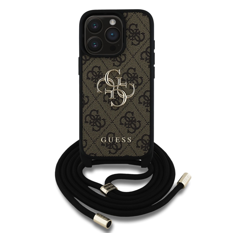 Guess PU 4G Kovové logo Crossbody Strap Zadný kryt pre iPhone 15 Pro Brown
