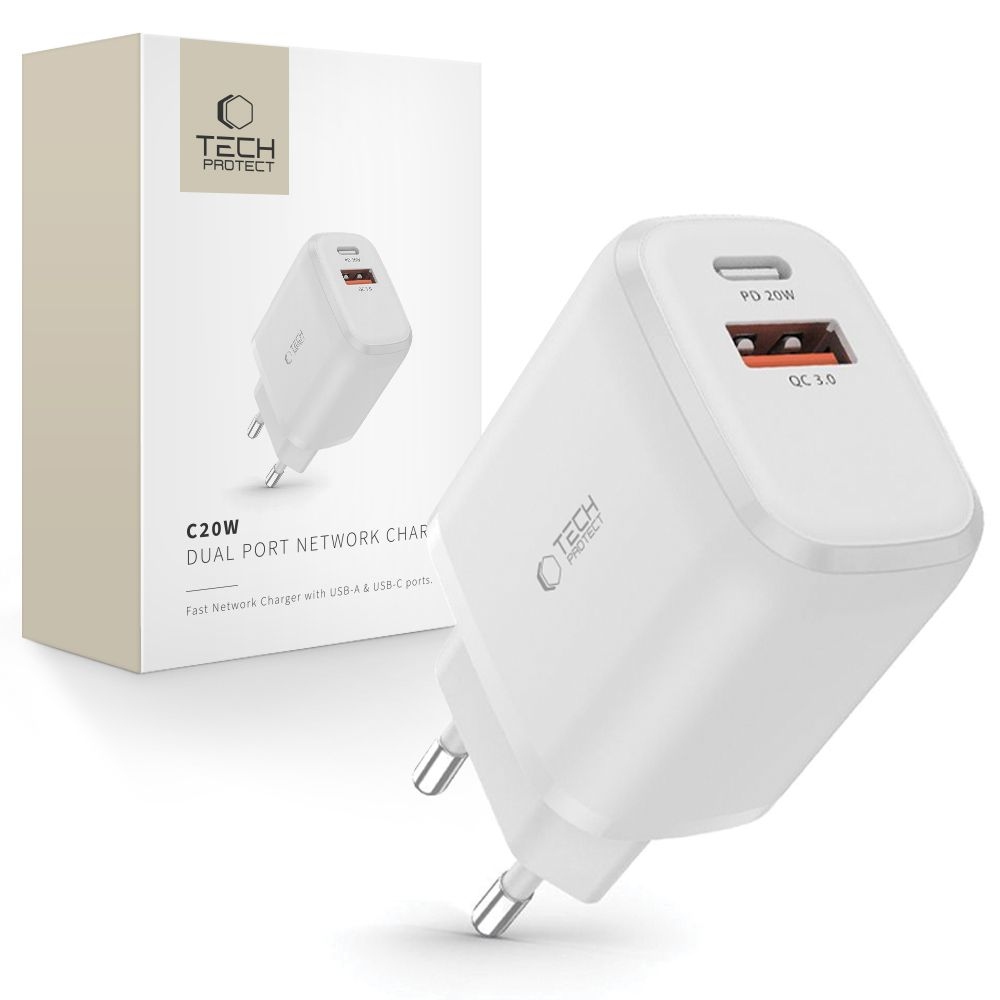 Tech-Protect C20W 2-portová nabíjačka do siete PD20W/QC3.0 - biela