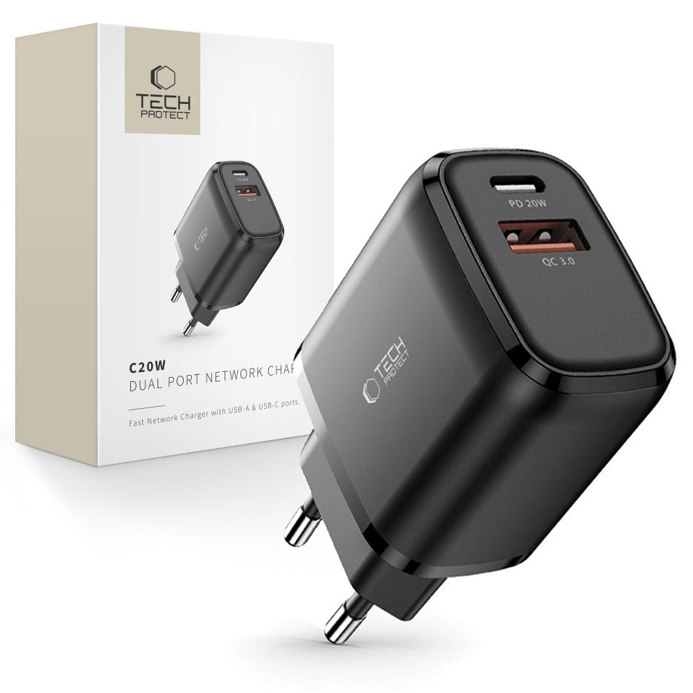 Tech-Protect C20W 2-portová nabíjačka do siete PD20W/QC3.0 - čierna
