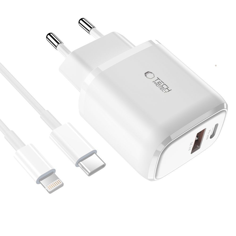 Tech-Protect C20W PD20W/QC3.0 2-portová nabíjačka + USB-C / Lightning kábel - biela
