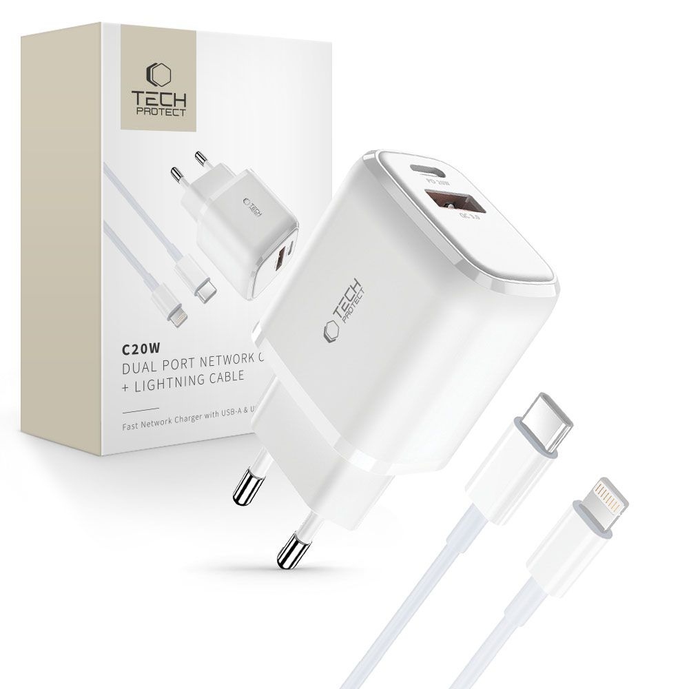 Tech-Protect C20W PD20W/QC3.0 2-portová nabíjačka + USB-C / Lightning kábel - biela