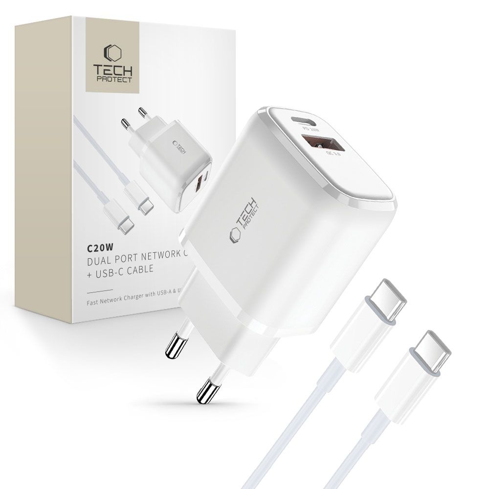 Tech-Protect C20W PD20W/QC3.0 2-portová nabíjačka + USB-C / USB-C kábel - biela