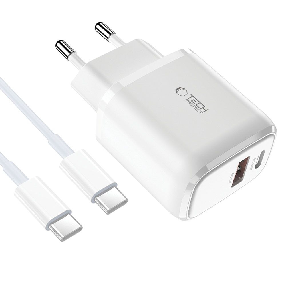 Tech-Protect C20W PD20W/QC3.0 2-portová nabíjačka + USB-C / USB-C kábel - biela