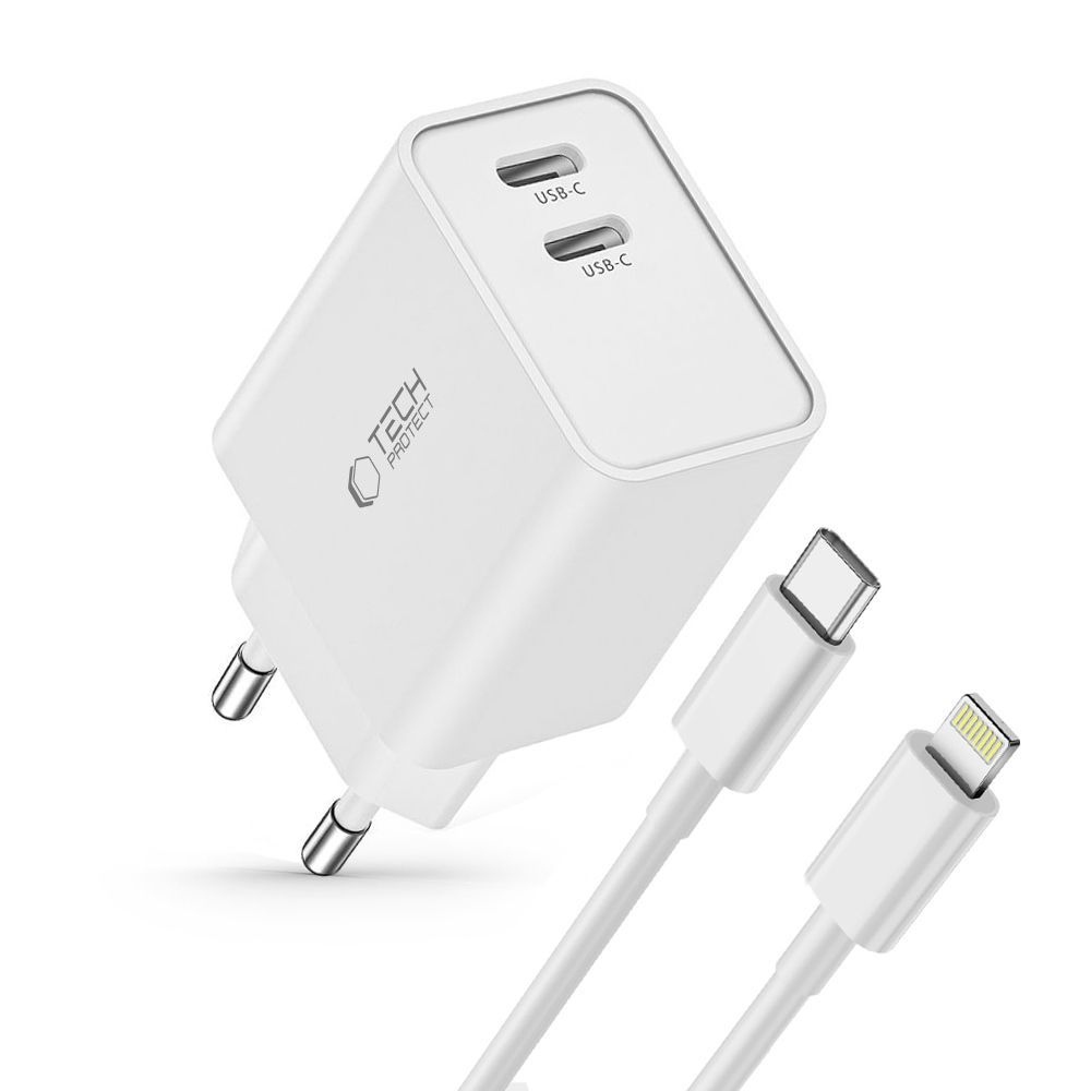 Tech-Protect C35W 2-portová nabíjačka PD35W + Lightning/USB-C kábel - biela