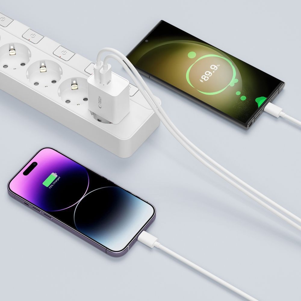 Tech-Protect C35W 2-portová nabíjačka PD35W + Lightning/USB-C kábel - biela