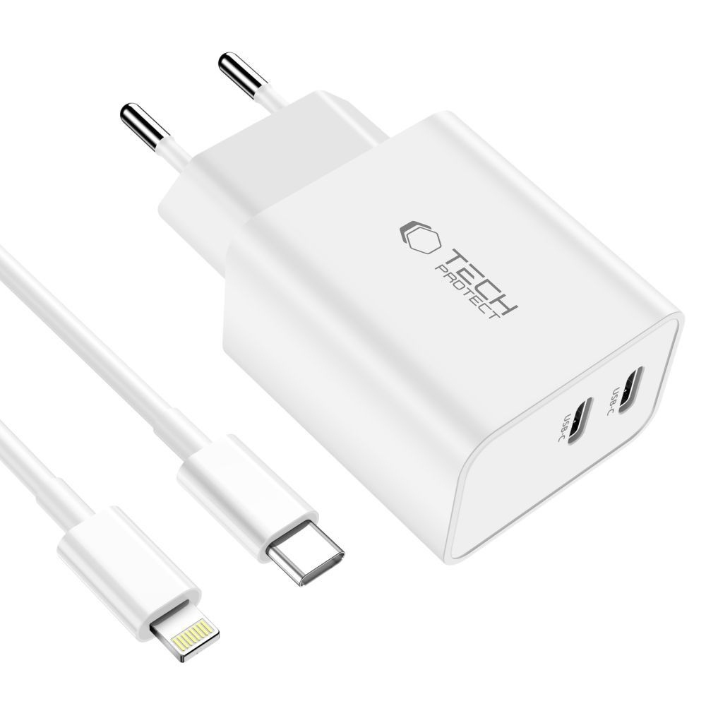 Tech-Protect C35W 2-portová nabíjačka PD35W + Lightning/USB-C kábel - biela