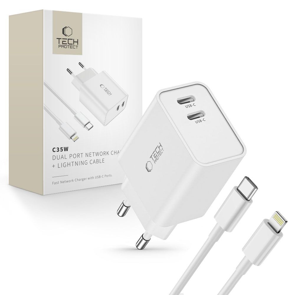 Tech-Protect C35W 2-portová nabíjačka PD35W + Lightning/USB-C kábel - biela