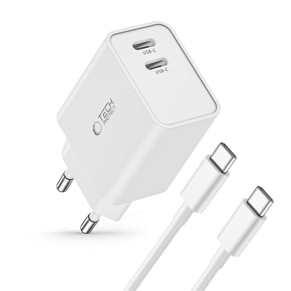 Tech-Protect C35W 2-portová nabíjačka PD35W + USB-C/USB-C kábel - biela