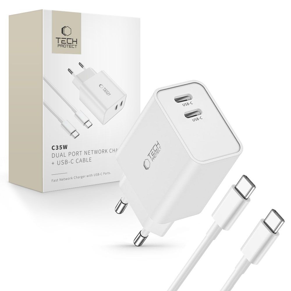 Tech-Protect C35W 2-portová nabíjačka PD35W + USB-C/USB-C kábel - biela