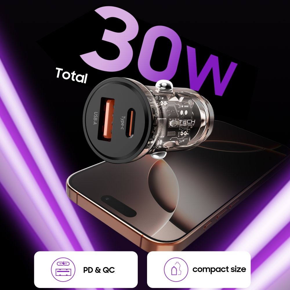 Tech-Protect CC01 PD30W/QC3.0 2-portová nabíjačka do auta - čierna