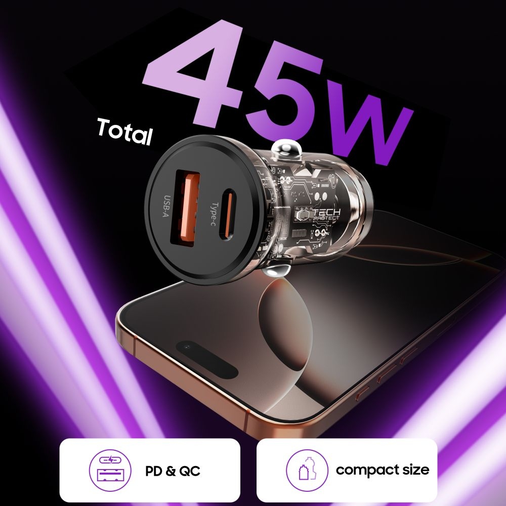 Tech-Protect CC01 PD45W/QC3.0 2-portová nabíjačka do auta - čierna