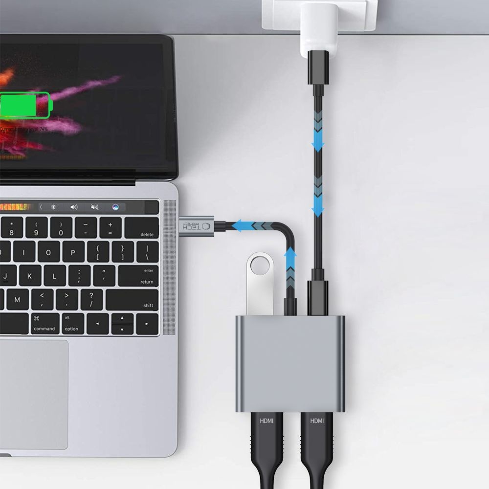 Tech-Protect HB08 Hub adaptér 4v1 USB-C USB2.0 2xHDMI 4K 60Hz - šedý