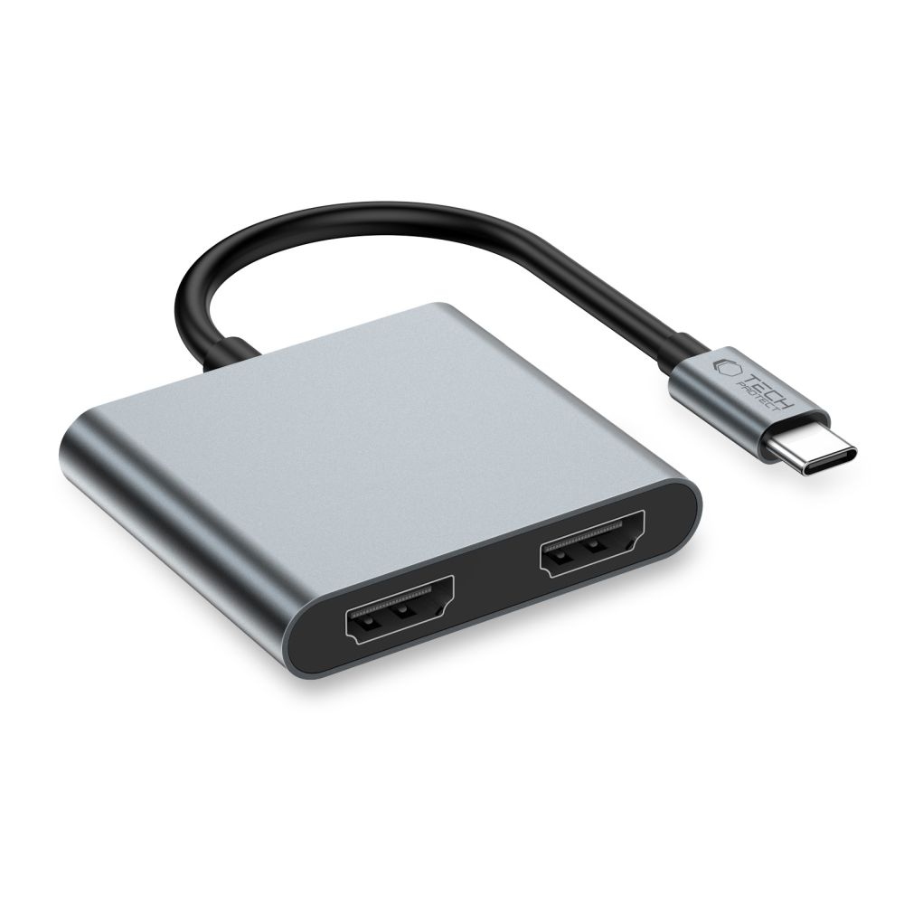 Tech-Protect HB08 Hub adaptér 4v1 USB-C USB2.0 2xHDMI 4K 60Hz - šedý