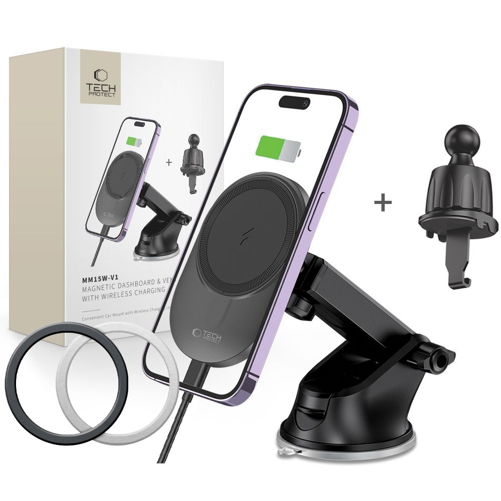 Tech-Protect MM15W-V1 MagSafe bezdrôtový nabíjací držiak na palubnú dosku aj ventiláciu - čierny