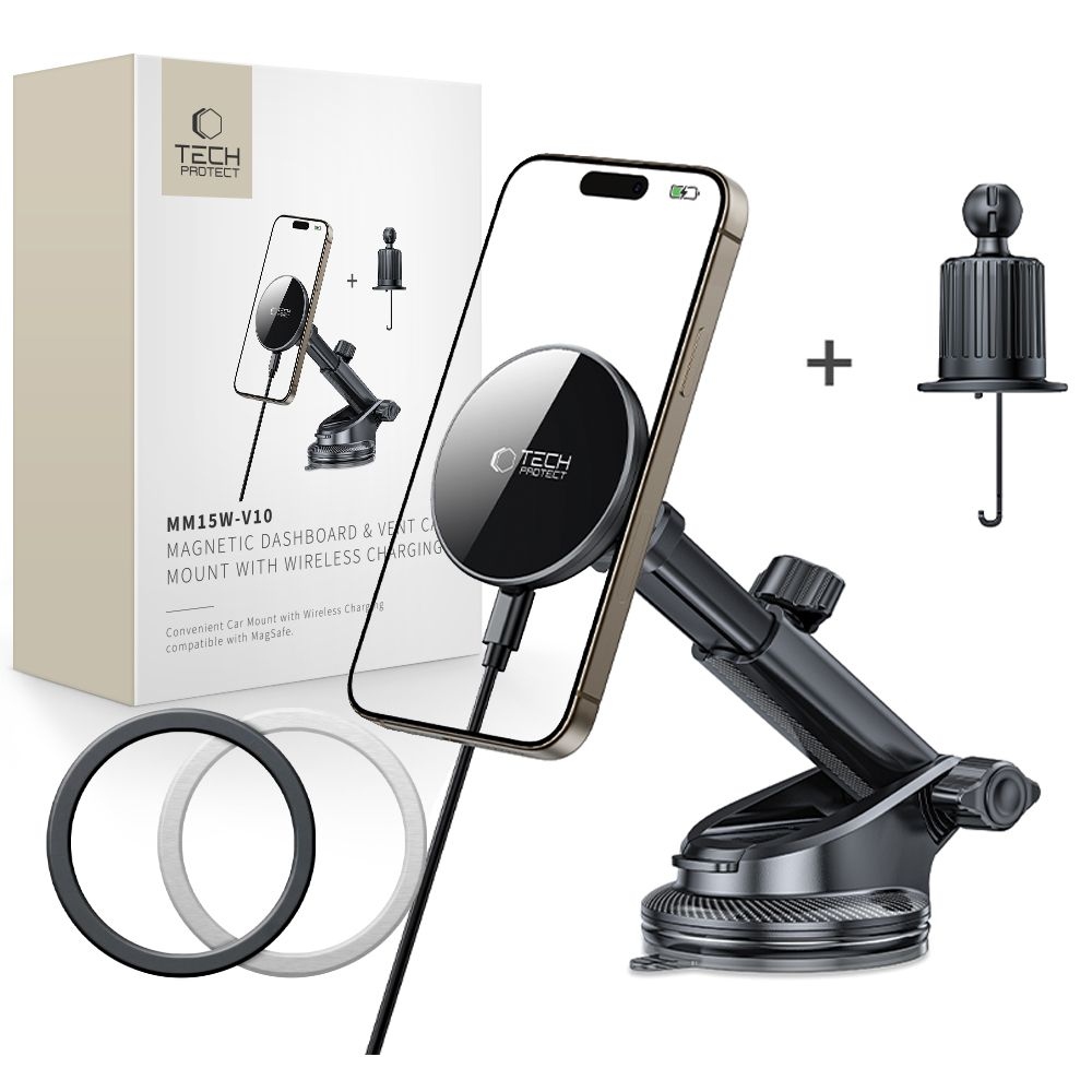 Tech-Protect MM15W-V10 MagSafe bezdrôtový nabíjací držiak na palubnú dosku aj ventiláciu - čierny