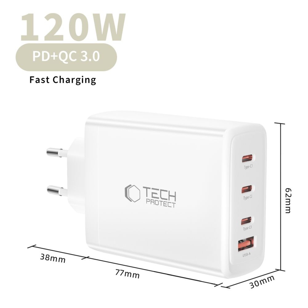 Tech-Protect NC120W-GAN 4-portová nabíjačka PD120W/QC3.0 - biela