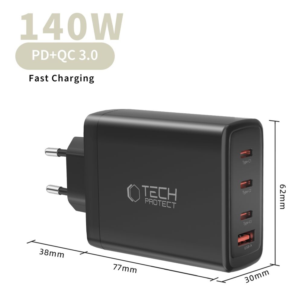 Tech-Protect NC140W-GAN 4-portová nabíjačka PD140W/QC3.0 - čierna